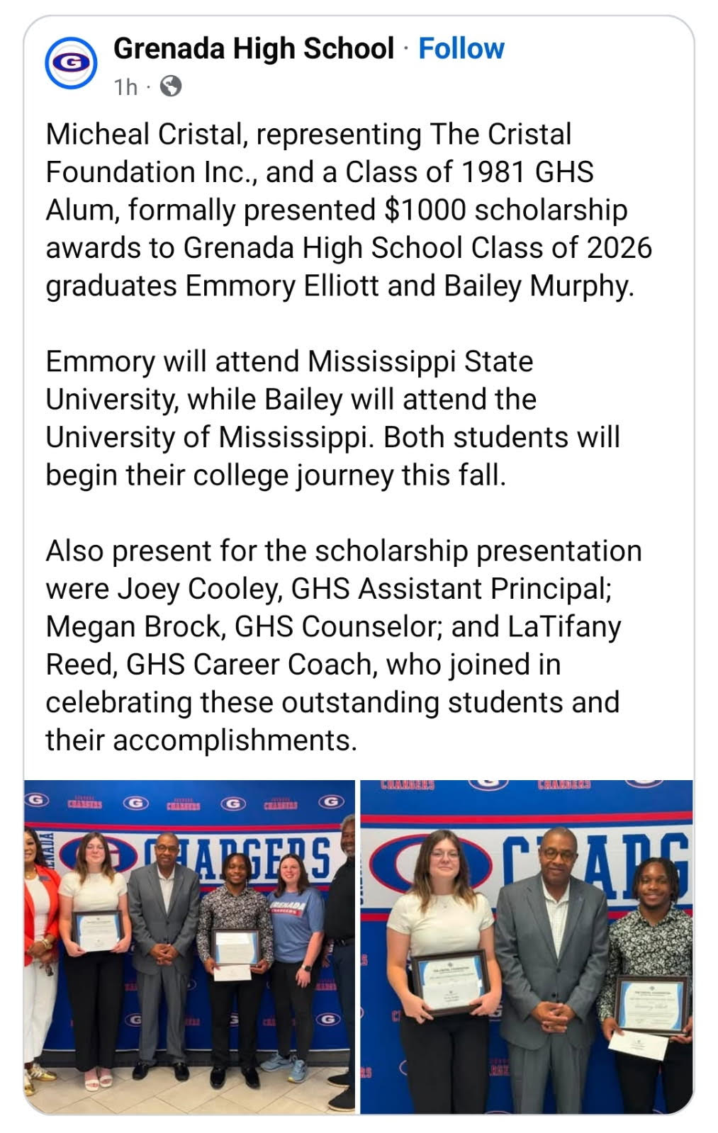 Grenada High School announcement of The Cristal Foundation scholarship recipients Emmory Elliott and Bailey Murphy